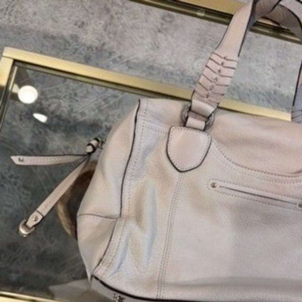 B Makowsky Cream Pebbled Leather Satchel Shoulder Bag Whipstitch Cream - Picture 6 of 16